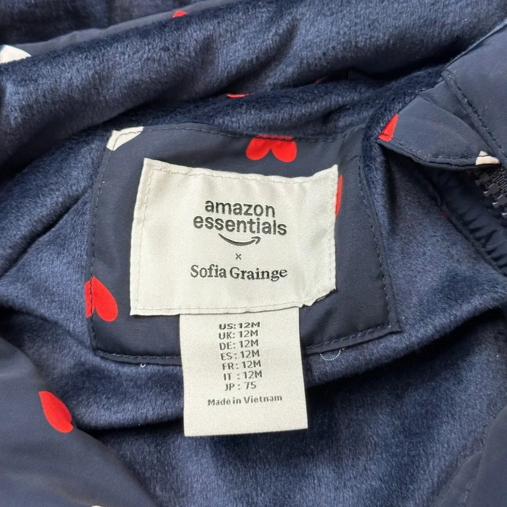 Amazon Essentials x Sofia Grainge Girls 12M Navy Hearts Hooded Puffer Jacket